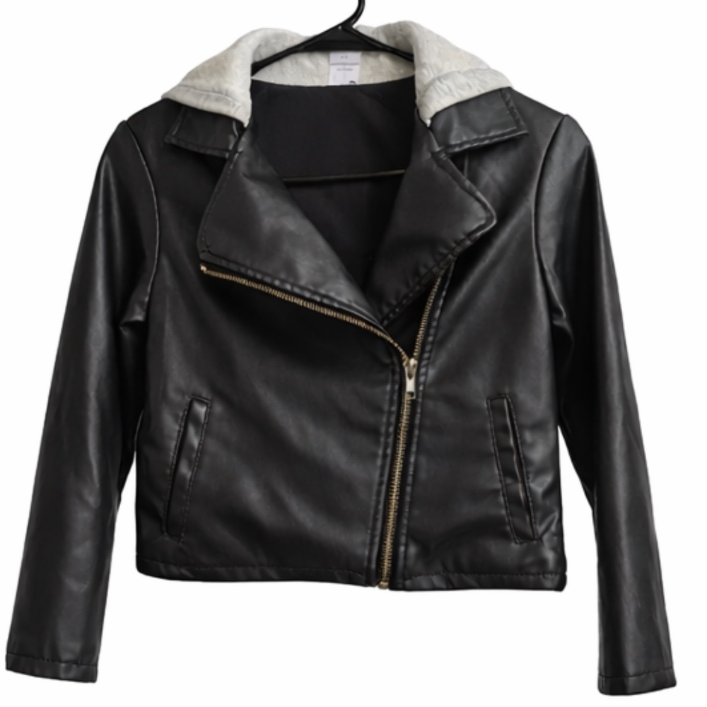 Black biker jacket with a hood for 7-8 year olds.
